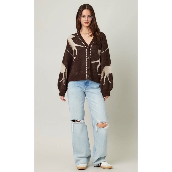 ILLA ILLA Sweaters - Illa Illa Womens Brown Horse Intarsia Knit Cardigan Sweater Whipstitch S/M